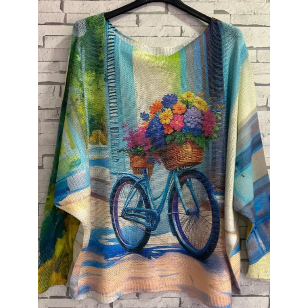 L137 3Q Loowie Blue Bike Round Neck Knit Printed Sweater One Size